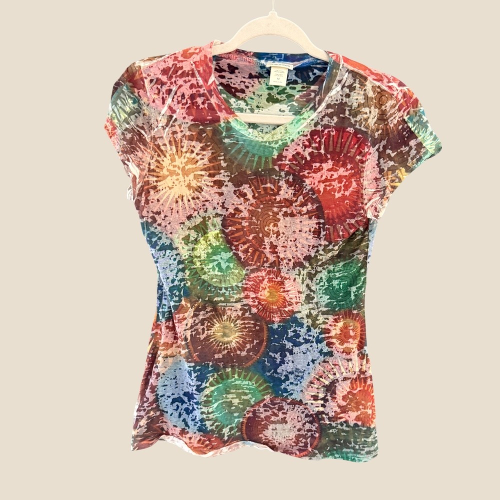 Maurices Y2k Multi Color Burnout Mesh Sunburst Medallion Tee Shirt Medium USA